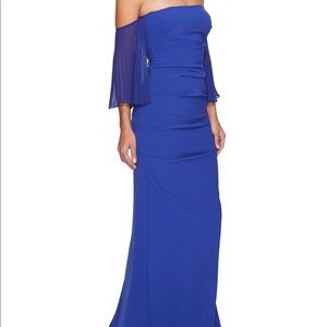 nicole miller blue crepe pleated sleeve rouched gown